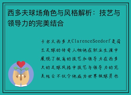 西多夫球场角色与风格解析：技艺与领导力的完美结合