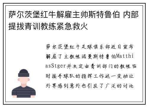 萨尔茨堡红牛解雇主帅斯特鲁伯 内部提拔青训教练紧急救火