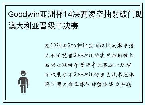 Goodwin亚洲杯14决赛凌空抽射破门助澳大利亚晋级半决赛 Goodwin亚洲杯14决赛凌空抽射破门助澳大利亚晋级半决赛